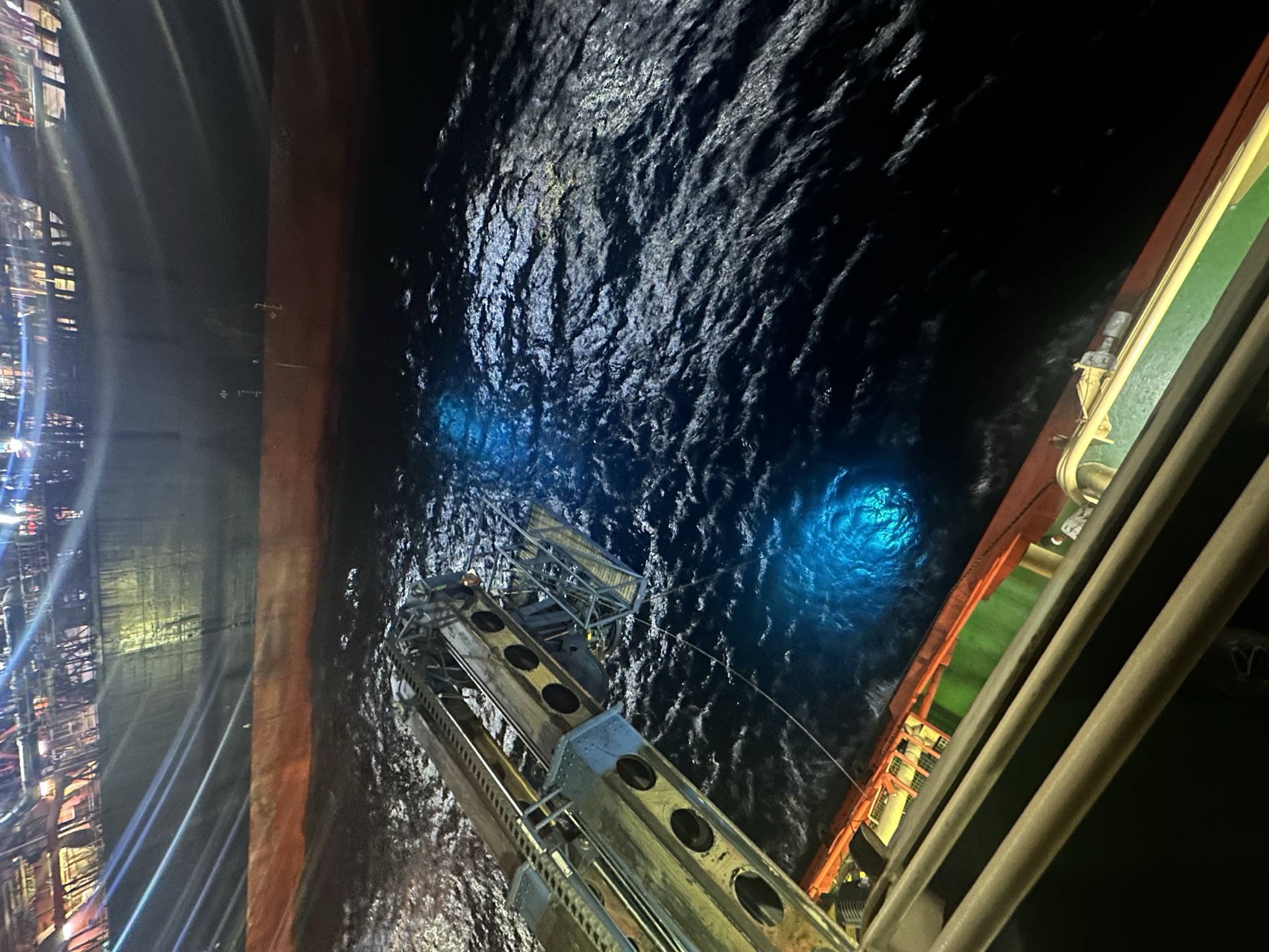 Nighttime ROV mooring anchor and chain inspection alongside FPSO, Campos Basin